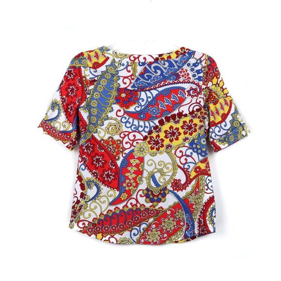 TALBOTS Red White Blue Paisley Roll Sleeve T Shirt - Picture 4 of 6